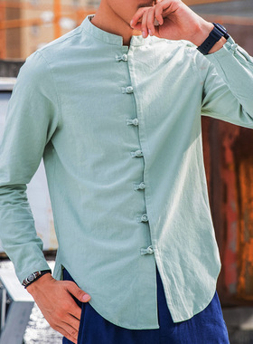 Autumn style new long sleeved shirt men's Chinese style plu