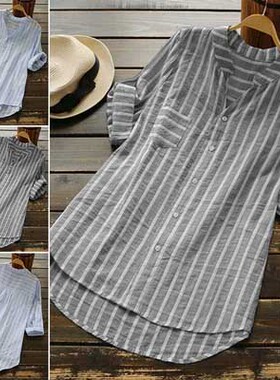 2021wish速卖通ebay亚马逊夏季休闲V领条纹七分袖女装衬衫女 现货