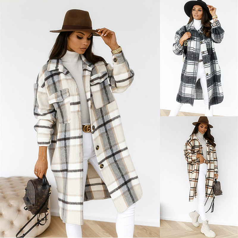 Winter Women Jacket Overcoat Warm Plaid Long Coats Female