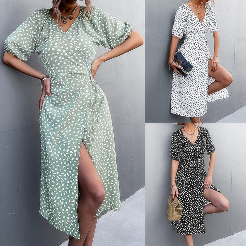 Chiffon Dress Women Boho Long Polka Dot Print Dresses Ladies