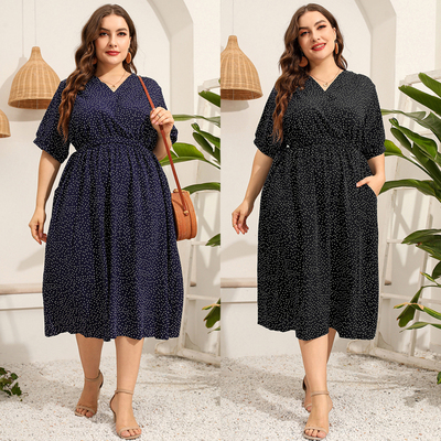 Plus size women summer loose v neck print party dinner dress