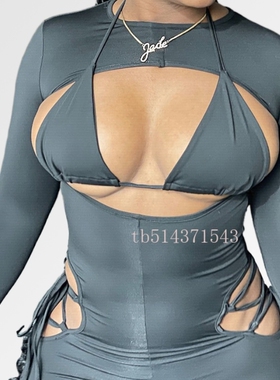 Black jumpsuit women's blouse lace-up trousers欧美连体塑