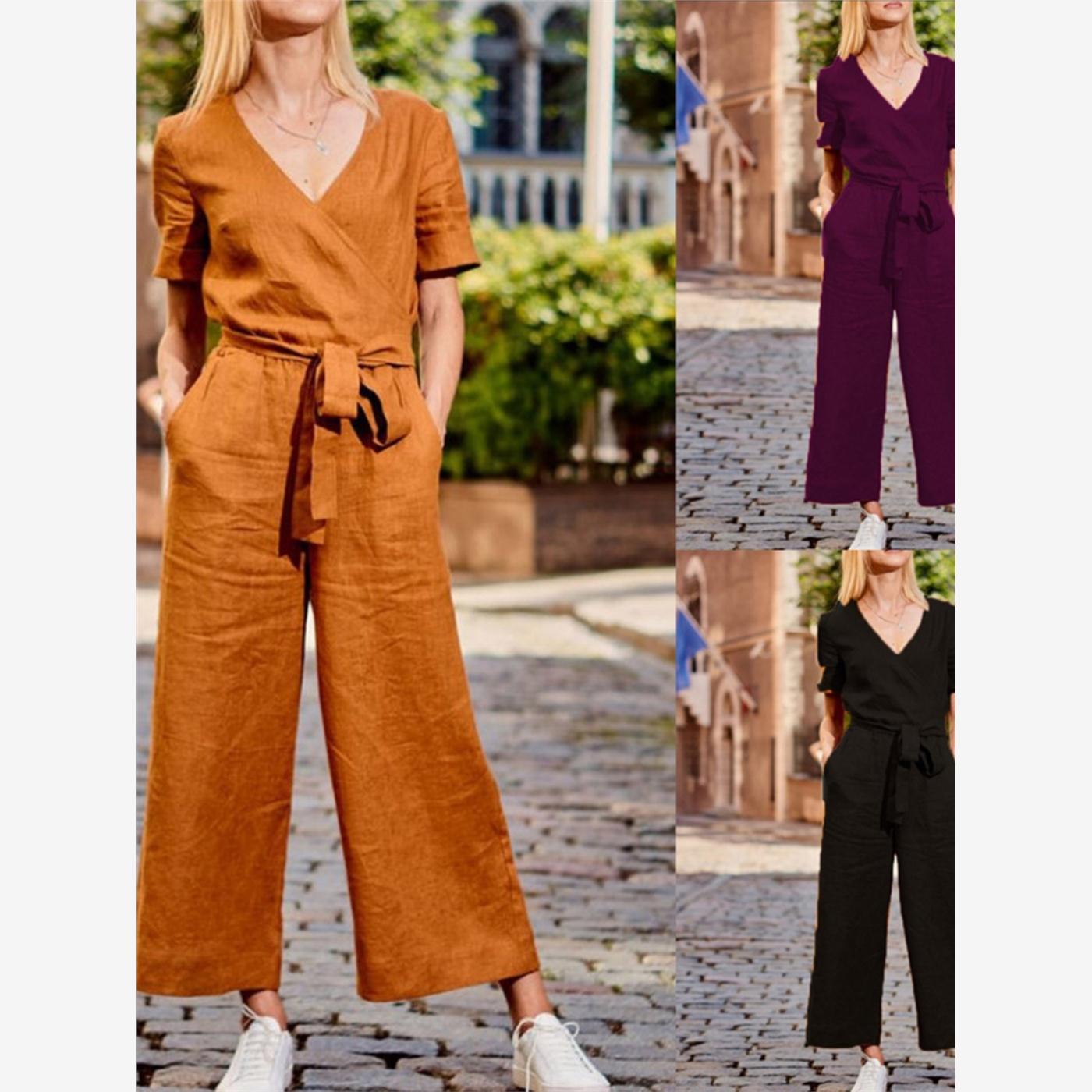 短袖休闲连体衣长裤女 women summer casual jumpsuit long pants