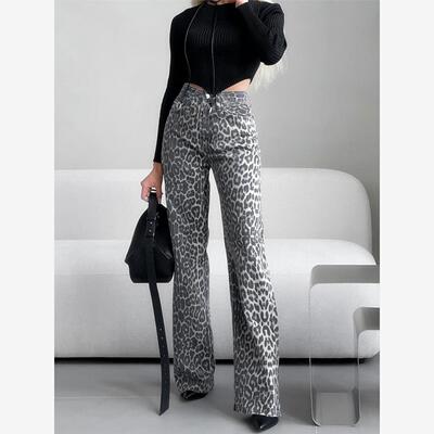 Leopard Print Jeans Women Wide Leg Trouser Denim Pants Lady