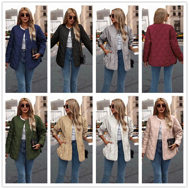 女棉衣外套Autumn Long Sleeve Button Solid Pocket Cotton Coat