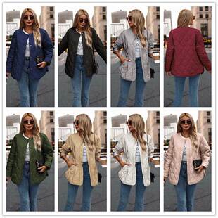 女棉衣外套Autumn Long Sleeve Button Solid Pocket Cotton Coat