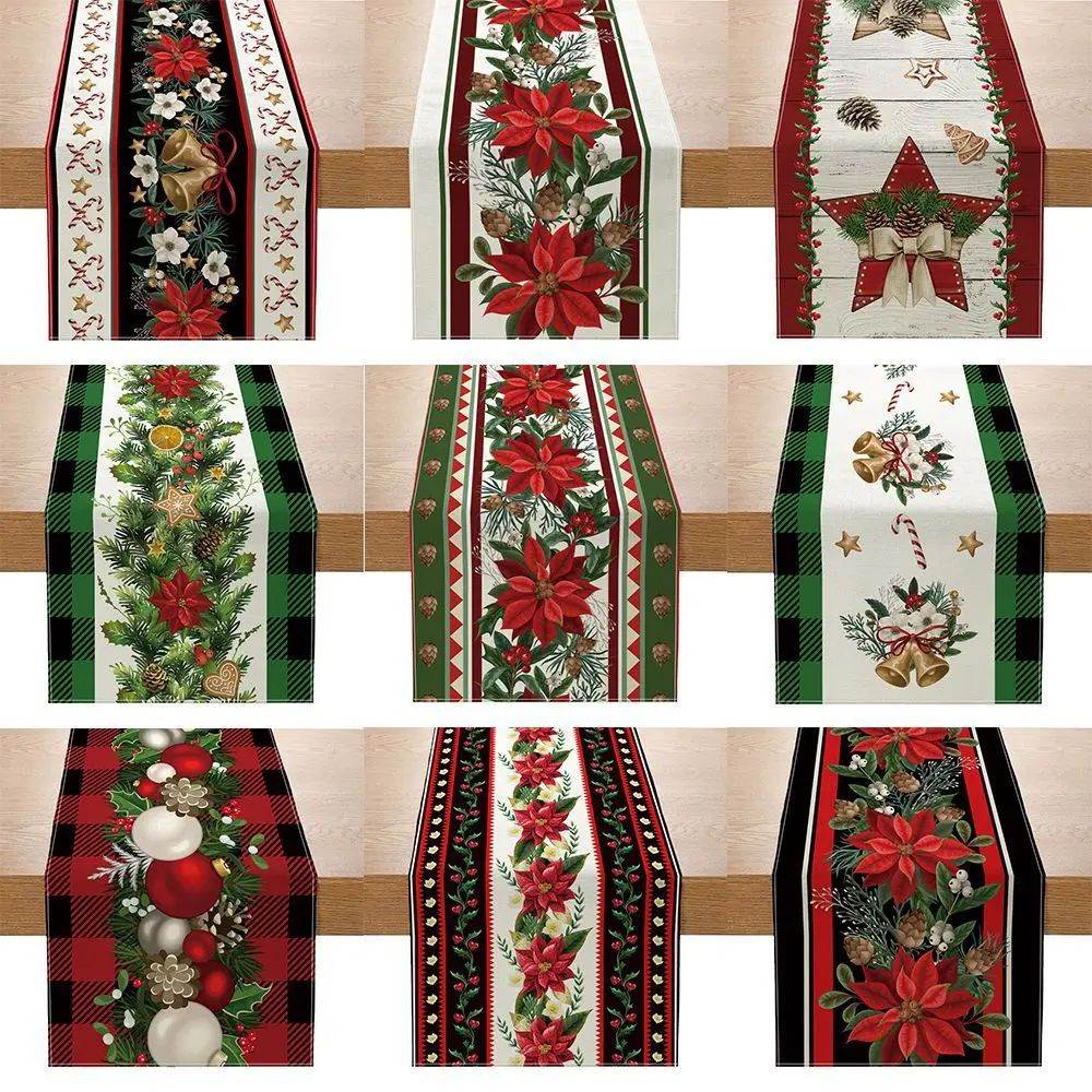 Christmas Linen Table Runner Xmas Flower Table Cloth Noel Ga