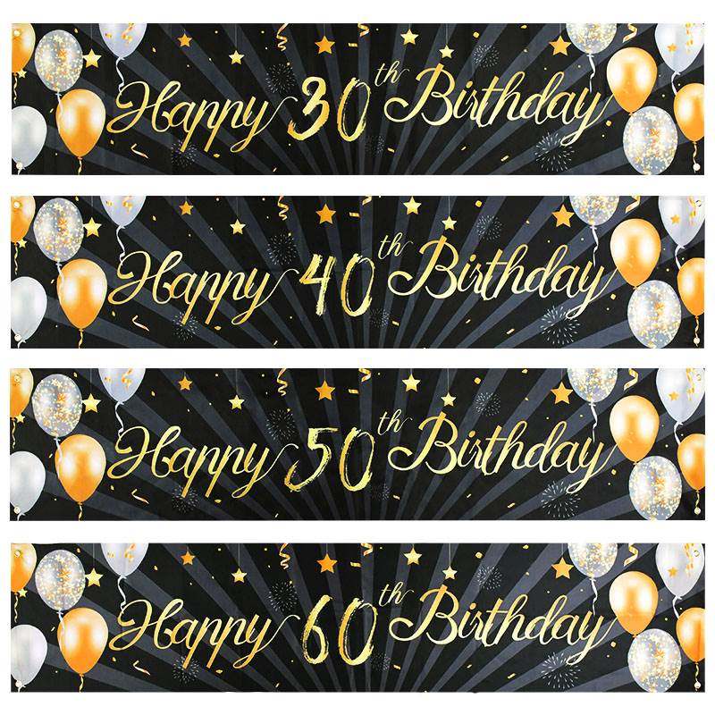 Black Gold Happy Birthday Banner Balloon Flag Adult 30th 40t
