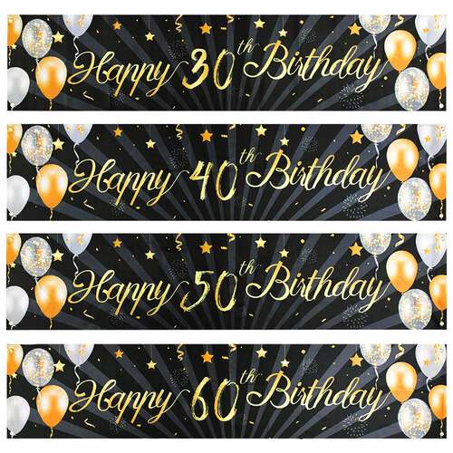 Black Gold Happy Birthday Banner Balloon Flag Adult 30th 40t