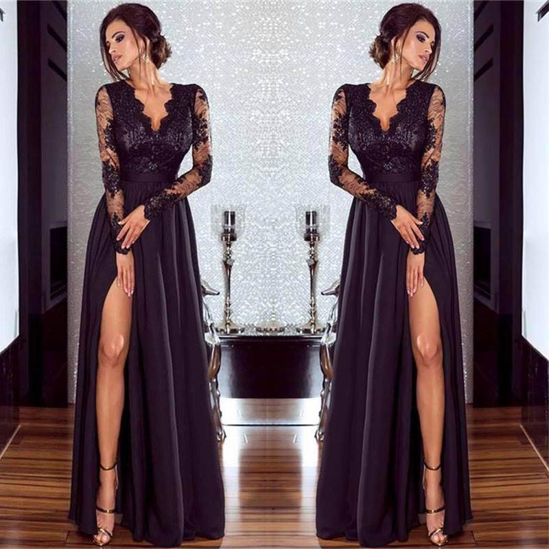 2019春季新品女装欧洲站性感纯色蕾丝晚礼服长袖连衣裙Sexy dress