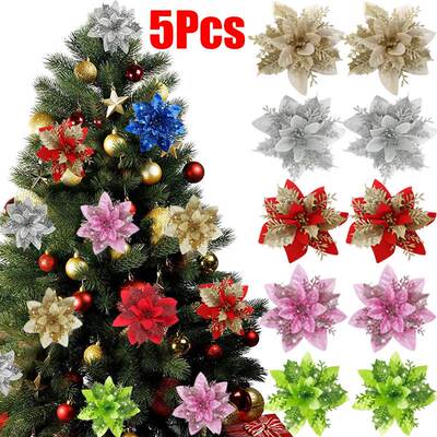 5pcs Christmas Flowers Glitter Artificial Poinsettia Floral