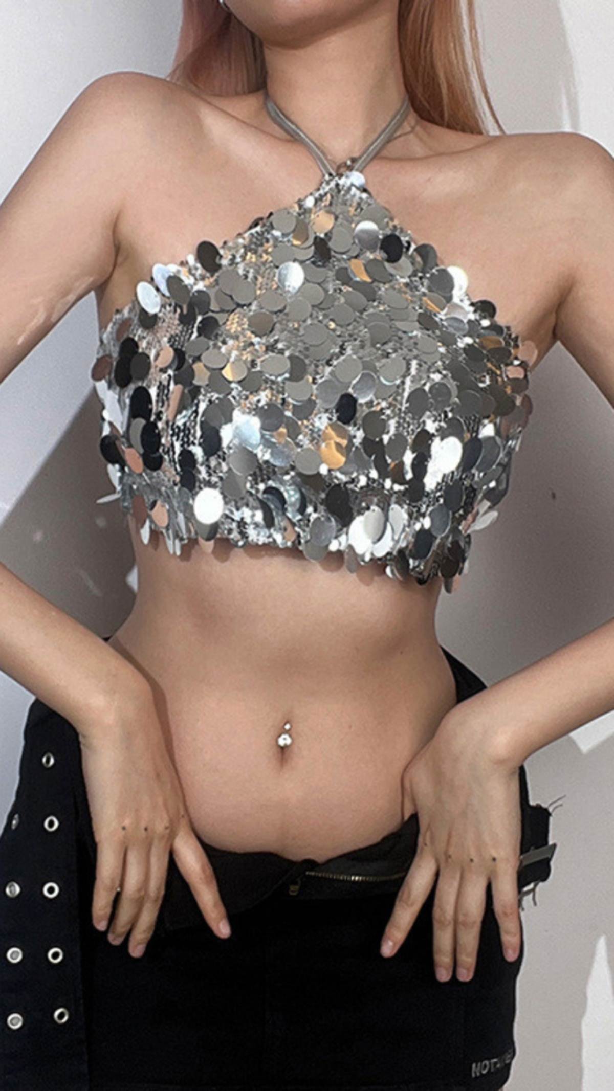 Ahagaga 欧美夜店风性感大露背绑带辣妹上衣显瘦性感亮片挂脖背心