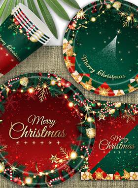 Merry Christmas Party Disposable Paper Plate Tableware Napk