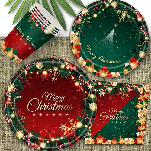 Merry Christmas Party Disposable Paper Plate Tableware Napk