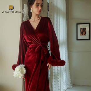 Bride Morning Robe Women's Long Feather Nightgown Weddin