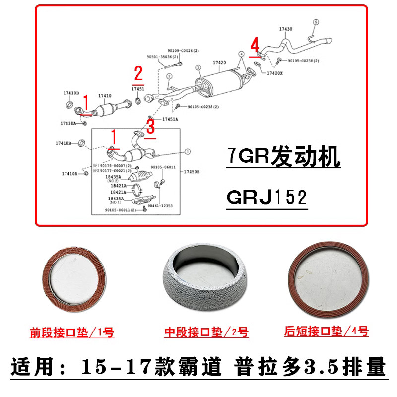 适用2015-2017款霸道普拉多7GR3.5前中后排气管催化接口垫片衬垫