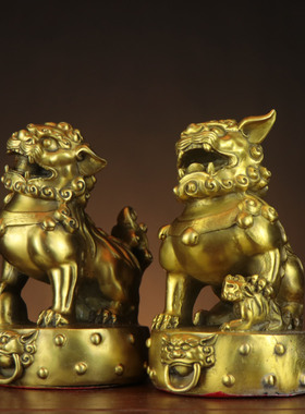 纯黄铜狮子一对站鼓家居店铺摆件一件可发金属动物装饰工艺品