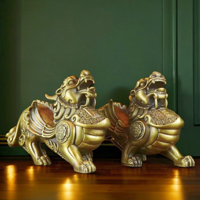 黄铜貔貅霸王金钱摆件一对家居办公室店铺桌面工艺品中式风招财