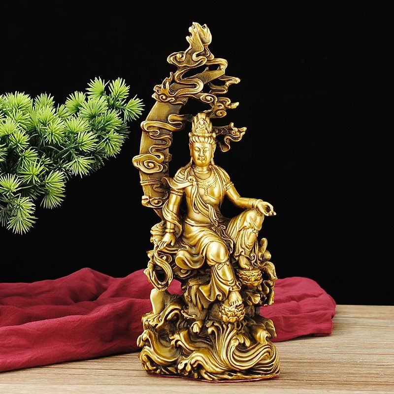 黄铜观音菩萨摆件自在观音家居玄关供奉双龙戏水观音水月观音像