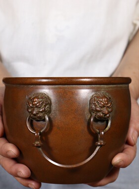 铜缸桌面摆件狮头缸故宫缸烟灰缸聚宝盆铜器玄关家居工艺品厂家
