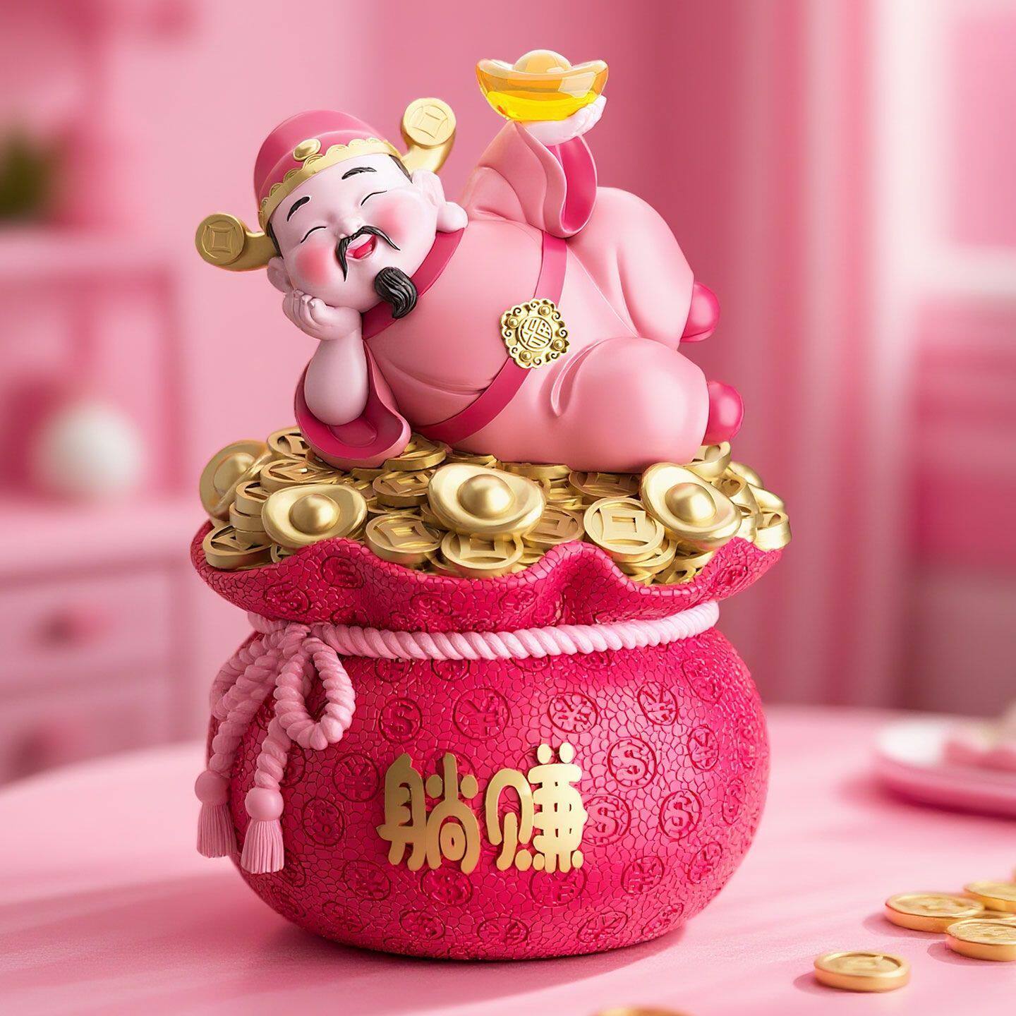 躺挣财神爷摆件店铺前台存钱罐客厅玄关电视柜装饰品乔迁新居礼品