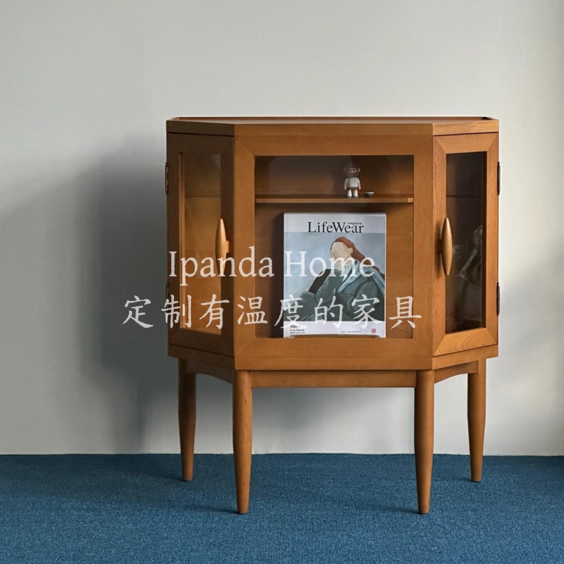 中古风实木六边柜复古蜂蜜色角柜客厅玻璃门展示柜简约百搭收纳柜