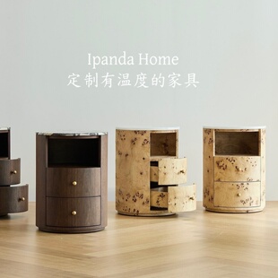 中古风实木树瘤皮大理石床头柜设计师款高级感多抽屉收纳柜置物柜