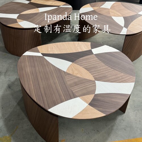 中古风实木胡桃木色拼花茶几法式复古高级感家用客厅异形咖啡桌子