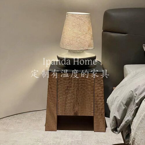 中古侘寂风大理石实木雕刻床头柜