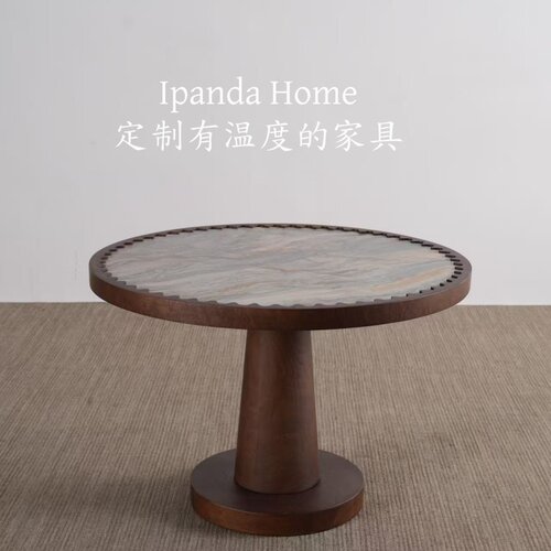 中古风实木圆形大理石茶几法式