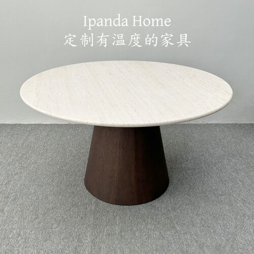 中古风实木胡桃木色天然洞石餐桌法式复古高级感家用客厅圆形饭桌
