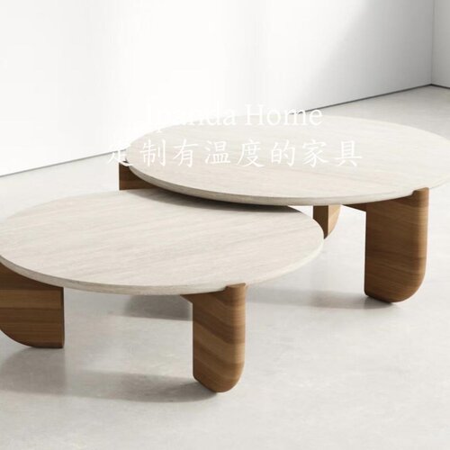中古风圆形天然洞石实木腿茶几