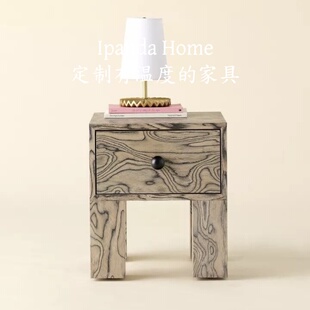 中古风实木树瘤皮艺术床头柜法式复古高级感家用卧室床边柜收纳柜
