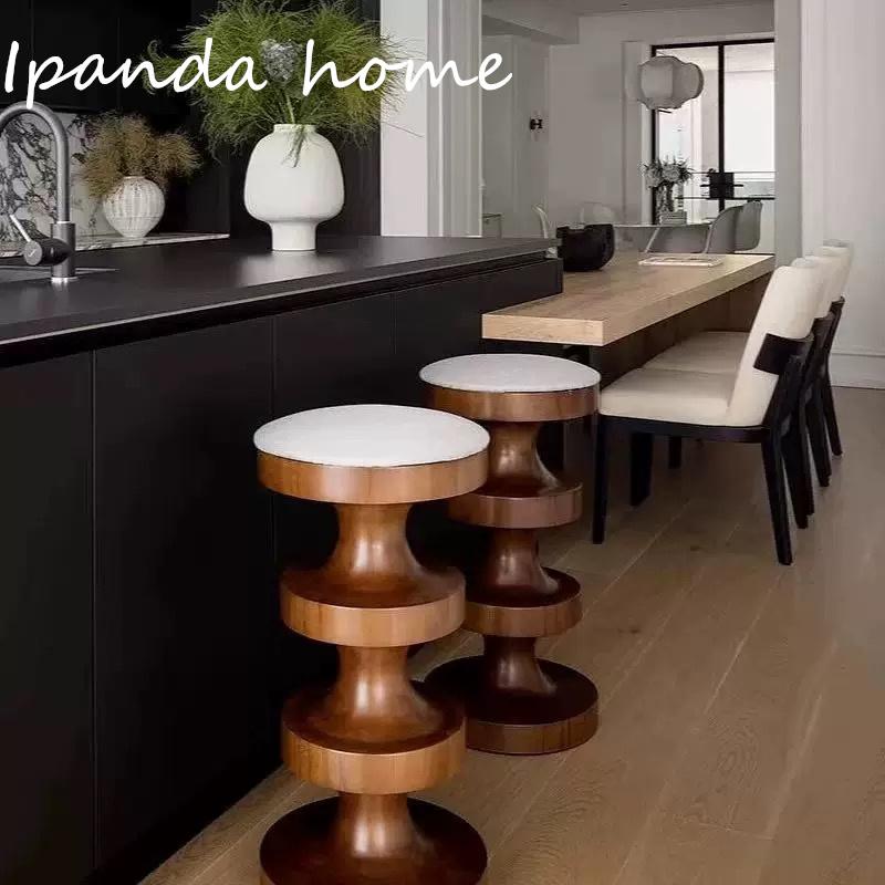 北欧中古侘寂风实木家用岛台吧凳个性复古酒店咖啡厅高脚吧台椅
