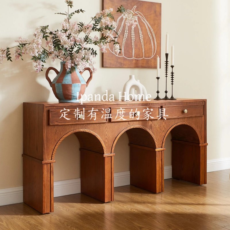 中古风实木胡桃木色玄关台客厅拱形条案轻奢高级感设计师入户桌