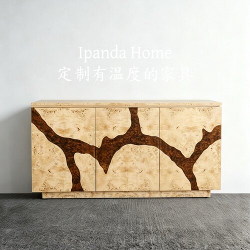中古风实木拼色树瘤皮餐边柜法式复古高级感客厅设计师款储物柜子
