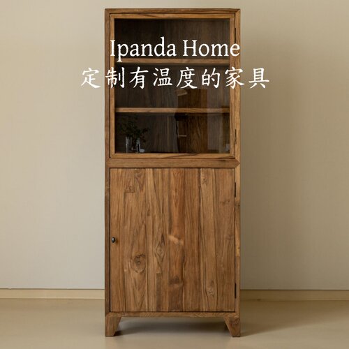 中古风实木胡桃木色玻璃餐边柜法式复古高级感家用客厅酒柜收纳柜