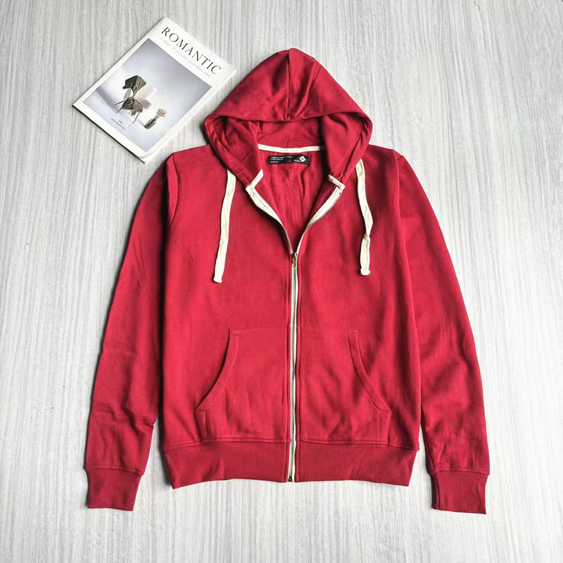 外贸秋冬开衫拉绒卫衣男拉链连帽衫宽松加绒薄外套女红色运动上衣