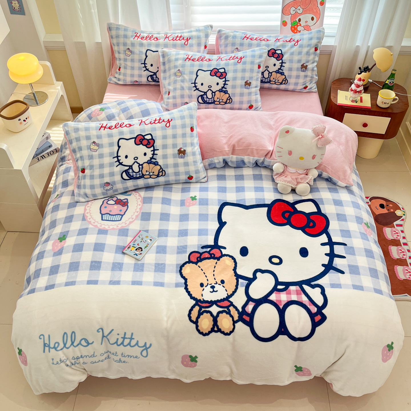 helloKitty加厚牛奶绒四件套冬季珊瑚绒床单被套儿童床品三件套女
