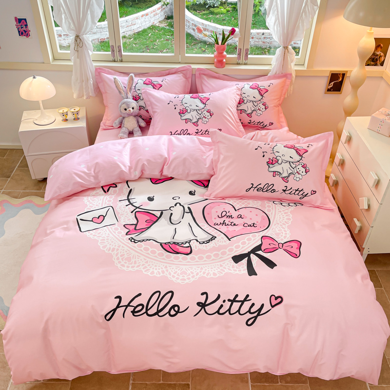 HelloKitty全棉儿童四件套纯棉女孩凯蒂猫卡通床单被套kt猫三件套