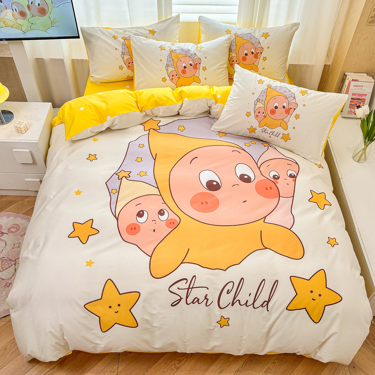 星星人儿童床品四件套全棉纯棉2026新款床笠被套床单人床上三件套
