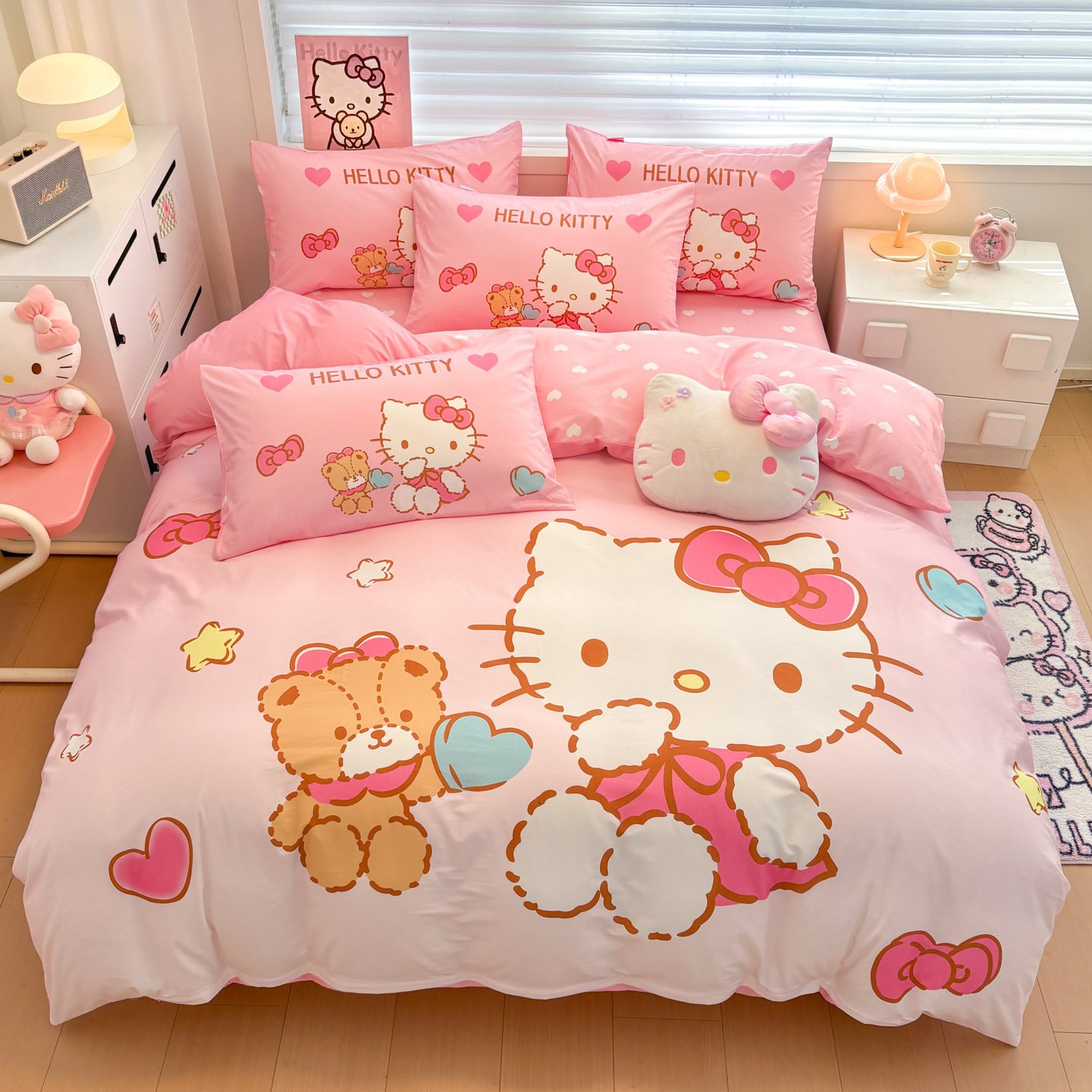 helloKitty全棉女孩床品四件套卡通纯棉儿童床单被套学生三件套笠