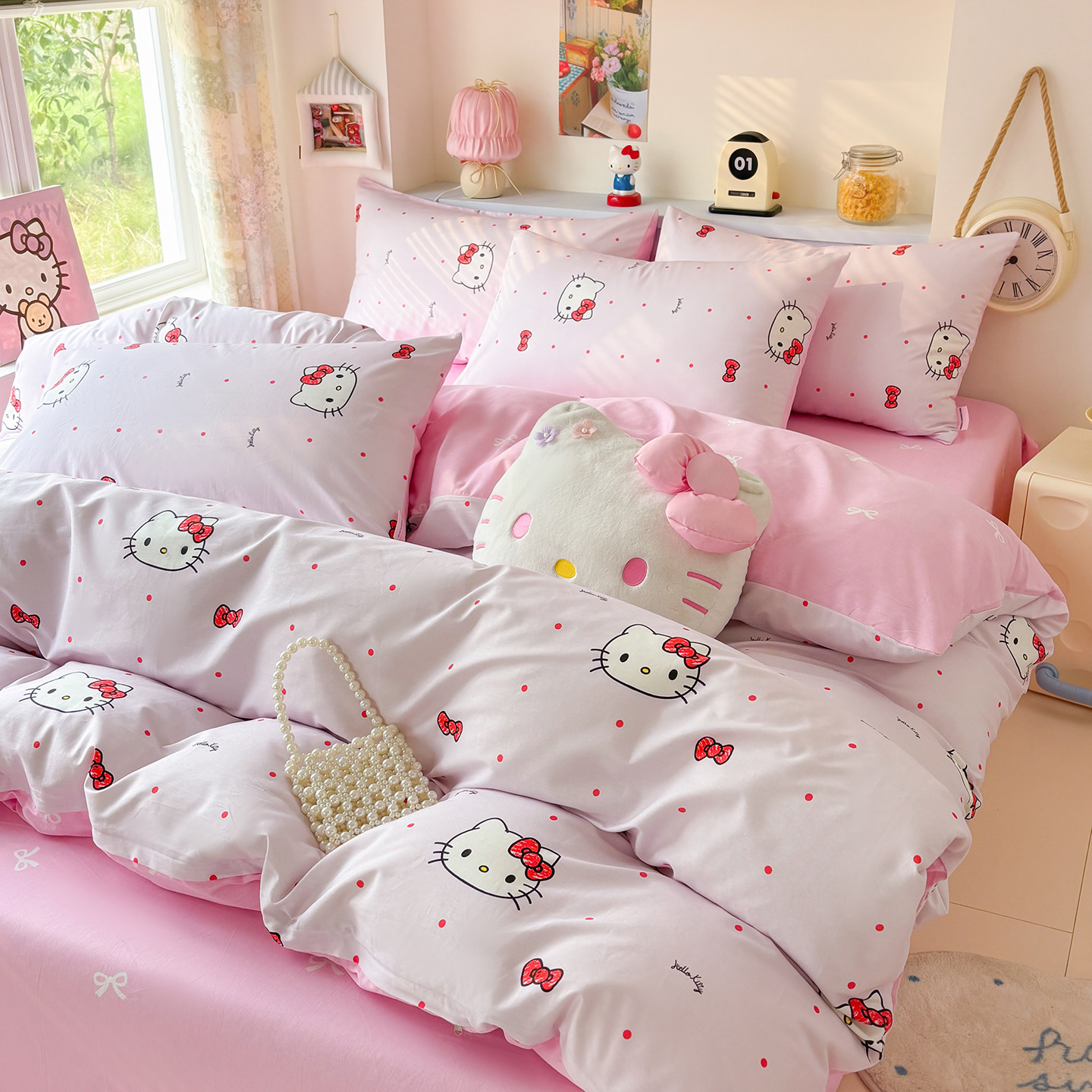 helloKitty全棉四件套公主风女孩纯棉床单被套学生宿舍床上三件套