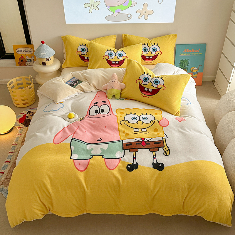 海绵宝宝冬季牛奶绒四件套儿童三