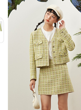 PIT小香风短外套女2026春季新款绿色半身短裙百搭显瘦小个子