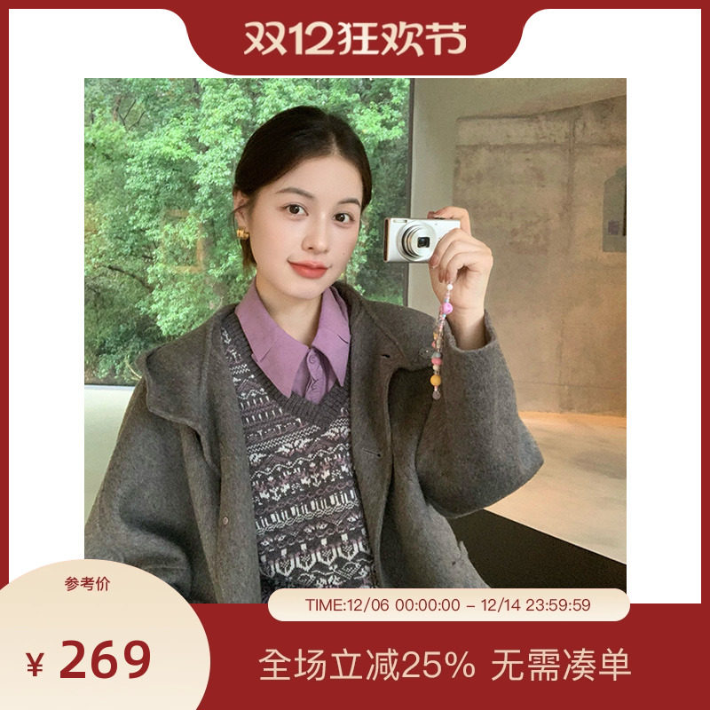 【博主同款】PIT宫廷复古捏褶法式衬衫女2025冬季新款紫色上衬衣