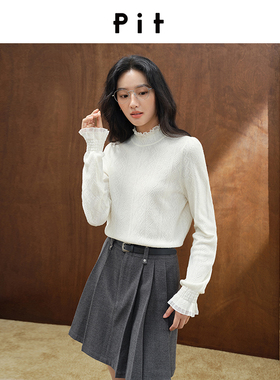 pit复古多色半高领蕾丝网纱打底毛针织衫女秋季新款宽松内搭上衣
