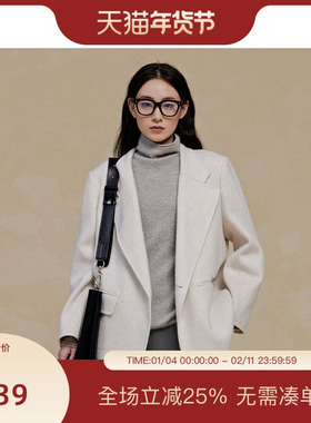 PIT中长款100%绵羊毛呢大衣女小西装2025冬季新款薄款显瘦百搭