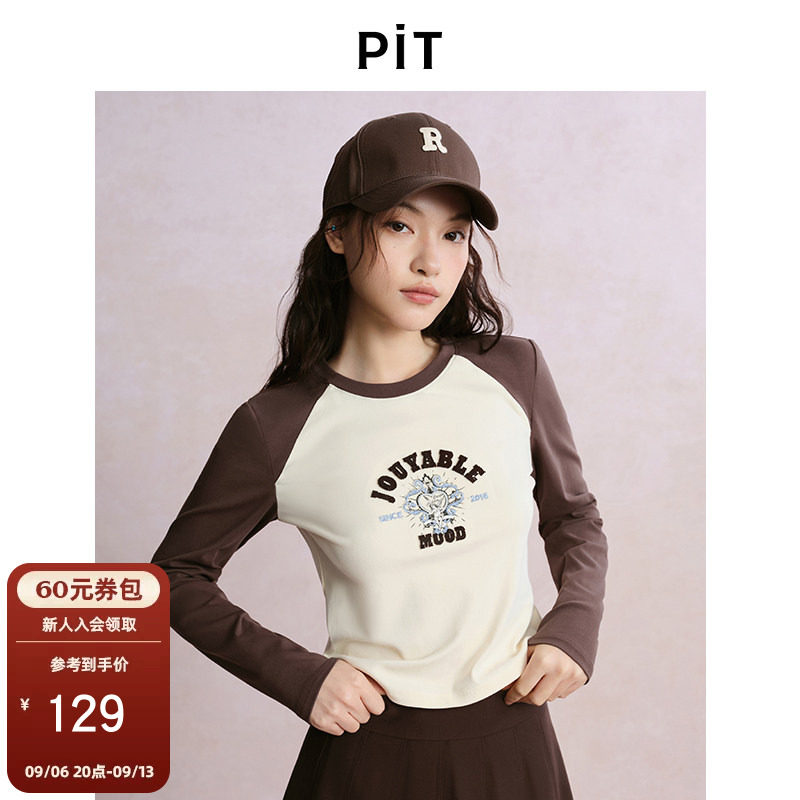 PIT撞色插肩袖字母印花长袖T恤卫衣女秋季修身显瘦内搭上衣图片