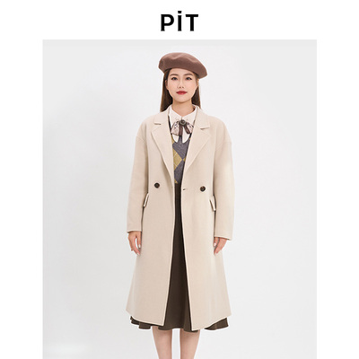 PIT中长款绵羊毛呢大衣女2025秋季新款山羊绒百搭翻领外套